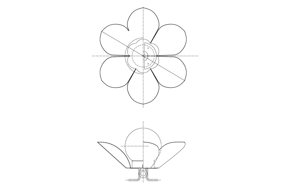 特注のフローティングライトの花弁の設計図