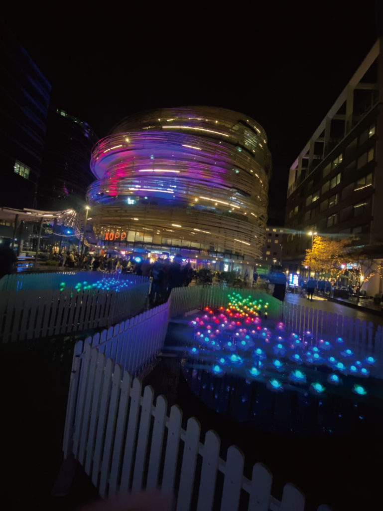 RGBのバルブ型ライトを使ったフラワーモチーフの作品と近くにある商業施設の写真