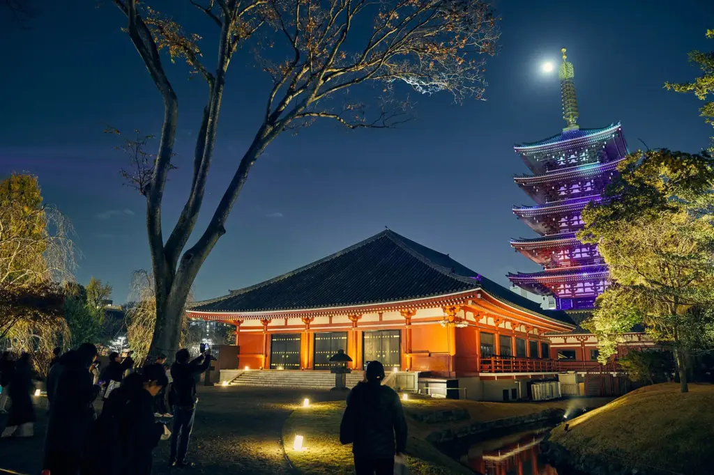 タカショーデジテックがメインで手掛けた伝法院庭園のライトアップの様子